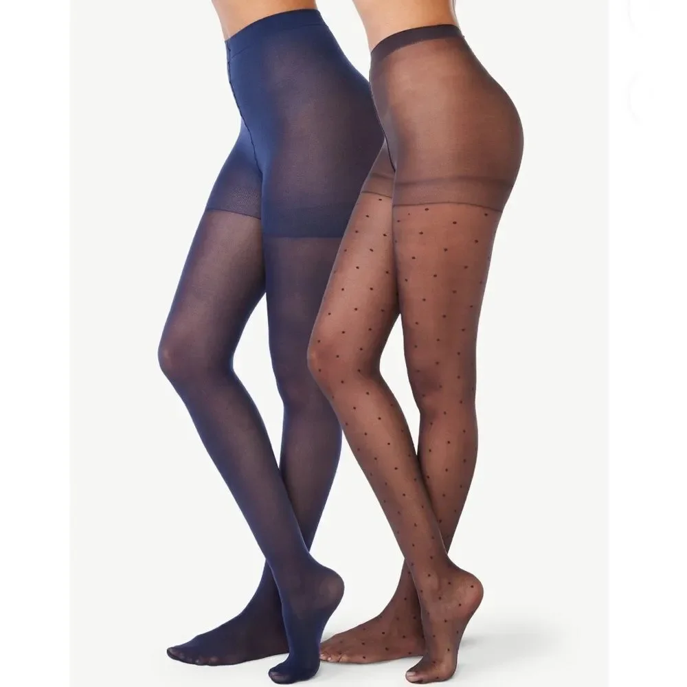 Women's High Waist Opaque and Dotted Sheer Tights Pantyhose 2-Pack, Sizes M